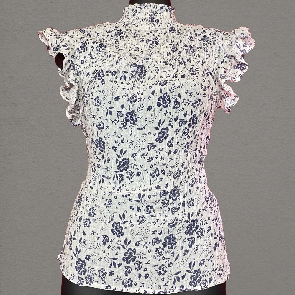 Adiva Floral Ruffle Sleeve Flocked Blouse - White and Blue